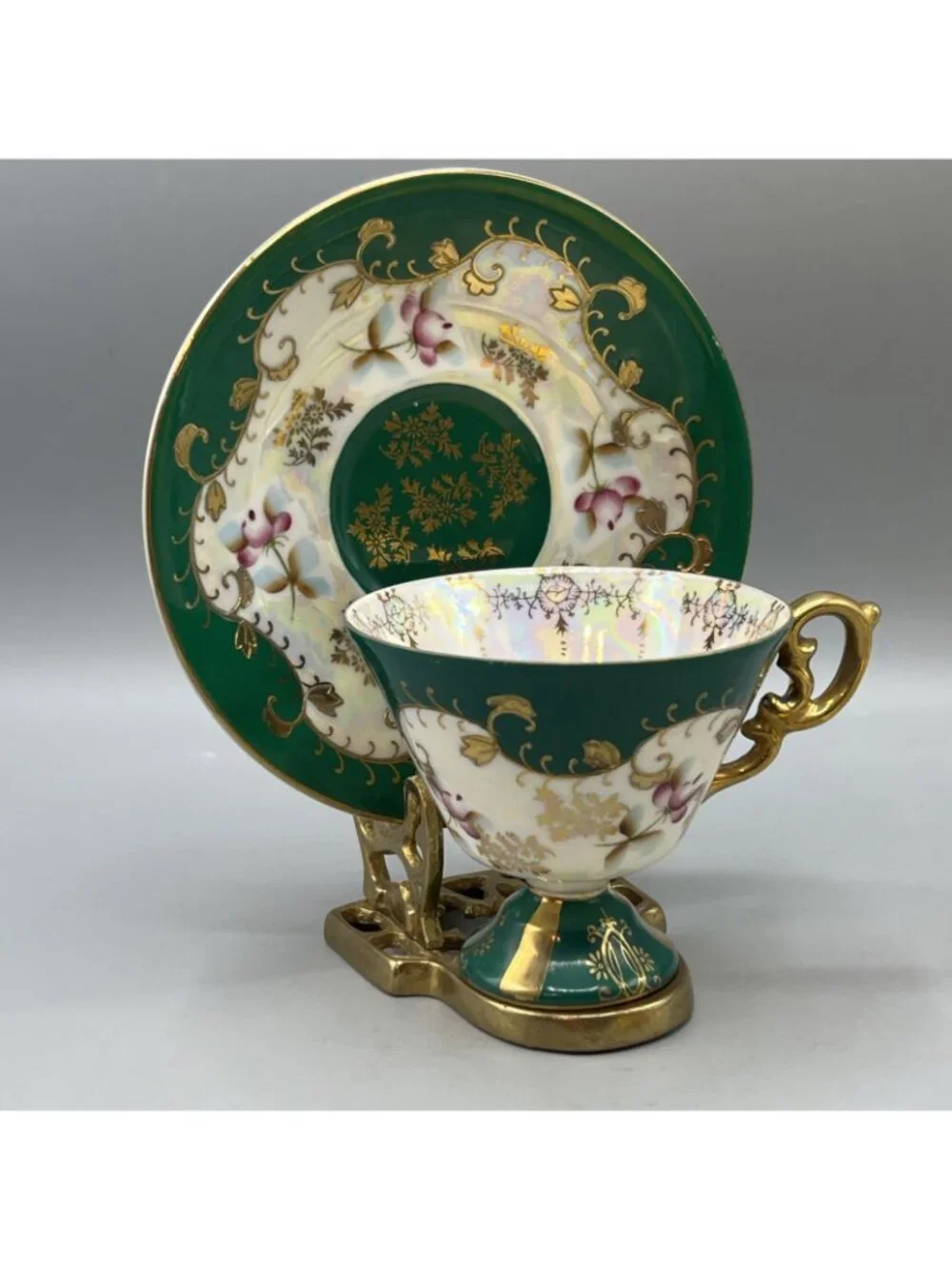 Vtg 50’s Lusterware Tea Cup Saucer Green Gold Trim Masculine Royal Sealy Japan